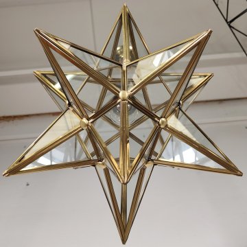 ANTICO LAMPADARIO STELLA anni 70 DESIGN MODERNARIATO DORATO VETRO LANTERNA OLD