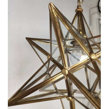 ANTICO LAMPADARIO STELLA anni 70 DESIGN MODERNARIATO DORATO VETRO LANTERNA OLD