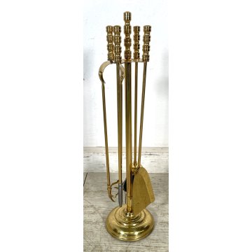 SET DA CAMINO IN BRONZO DORATO PALETTA SCOPA PINZA FIRE TOOL FUOCO BRACERE '900