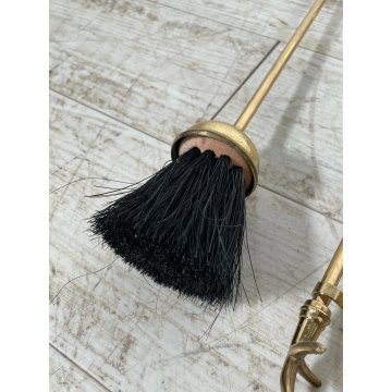 SET DA CAMINO IN BRONZO DORATO PALETTA SCOPA PINZA FIRE TOOL FUOCO BRACERE '900