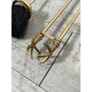 SET DA CAMINO IN BRONZO DORATO PALETTA SCOPA PINZA FIRE TOOL FUOCO BRACERE '900