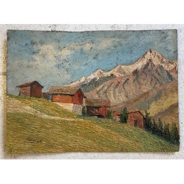 ANTICO DIPINTO OLIO TAVOLA Sori PAESAGGIO MONTANO BAITE ALPEGGIO DIVISIONISTA