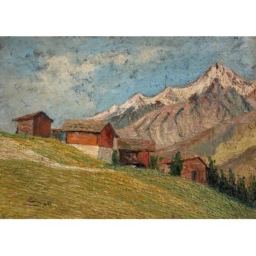 ANTICO DIPINTO OLIO TAVOLA Sori PAESAGGIO MONTANO BAITE ALPEGGIO DIVISIONISTA