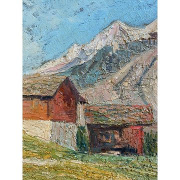 ANTICO DIPINTO OLIO TAVOLA Sori PAESAGGIO MONTANO BAITE ALPEGGIO DIVISIONISTA