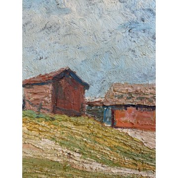 ANTICO DIPINTO OLIO TAVOLA Sori PAESAGGIO MONTANO BAITE ALPEGGIO DIVISIONISTA