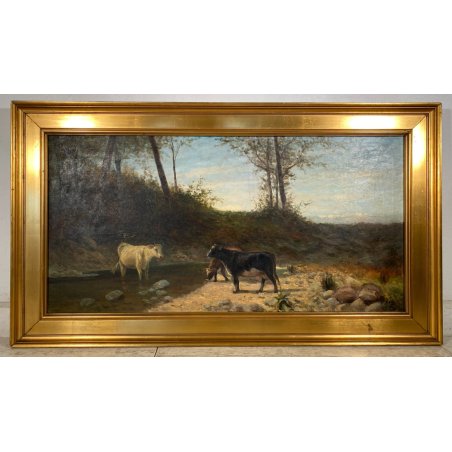 GRANDE QUADRO OLIO TELA C. Pagano PAESAGGIO MONTANO RUSCELLO MUCCHE PASCOLO '900