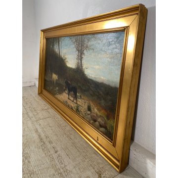 GRANDE QUADRO OLIO TELA C. Pagano PAESAGGIO MONTANO RUSCELLO MUCCHE PASCOLO '900