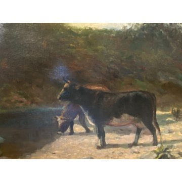 GRANDE QUADRO OLIO TELA C. Pagano PAESAGGIO MONTANO RUSCELLO MUCCHE PASCOLO '900