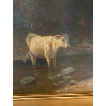 GRANDE QUADRO OLIO TELA C. Pagano PAESAGGIO MONTANO RUSCELLO MUCCHE PASCOLO '900