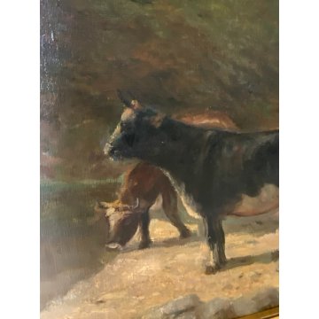 GRANDE QUADRO OLIO TELA C. Pagano PAESAGGIO MONTANO RUSCELLO MUCCHE PASCOLO '900