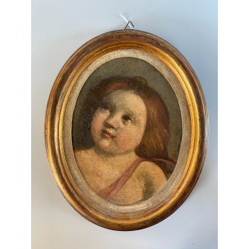 ANTICO DIPINTO OLIO OVALE PUTTO ANGIOLETTO AMORINO CHERUBINO RITRATTO BIMBA '800