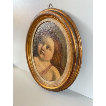 ANTICO DIPINTO OLIO OVALE PUTTO ANGIOLETTO AMORINO CHERUBINO RITRATTO BIMBA '800