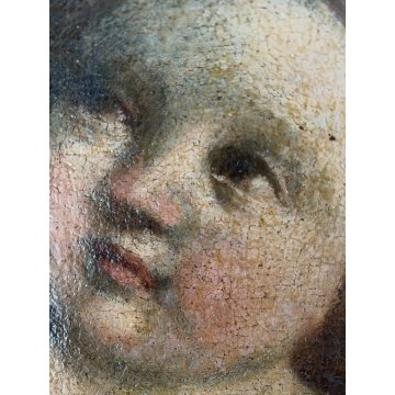 ANTICO DIPINTO OLIO OVALE PUTTO ANGIOLETTO AMORINO CHERUBINO RITRATTO BIMBA '800