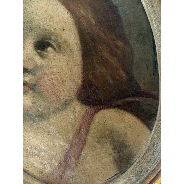 ANTICO DIPINTO OLIO OVALE PUTTO ANGIOLETTO AMORINO CHERUBINO RITRATTO BIMBA '800