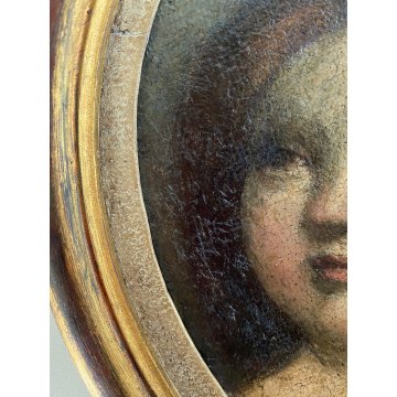 ANTICO DIPINTO OLIO OVALE PUTTO ANGIOLETTO AMORINO CHERUBINO RITRATTO BIMBA '800