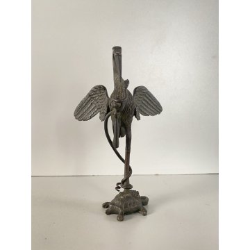 PICCOLA SCULTURA GRUPPO BRONZO AIRONE SERPENTE TARTARUGA BESTIARIO 17cm/h '800