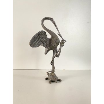 PICCOLA SCULTURA GRUPPO BRONZO AIRONE SERPENTE TARTARUGA BESTIARIO 17cm/h '800