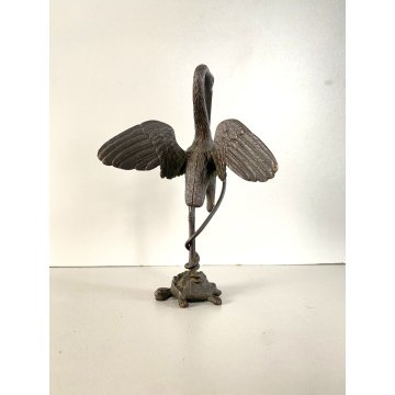 PICCOLA SCULTURA GRUPPO BRONZO AIRONE SERPENTE TARTARUGA BESTIARIO 17cm/h '800