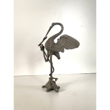 PICCOLA SCULTURA GRUPPO BRONZO AIRONE SERPENTE TARTARUGA BESTIARIO 17cm/h '800