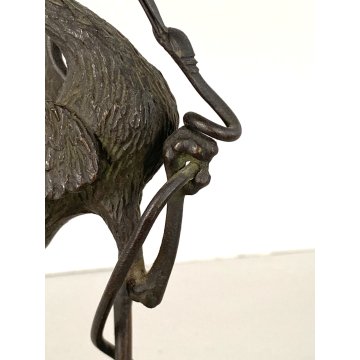 PICCOLA SCULTURA GRUPPO BRONZO AIRONE SERPENTE TARTARUGA BESTIARIO 17cm/h '800