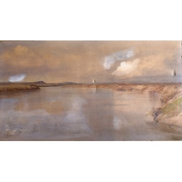 ANTICO GRANDE ACQUERELLO CARTONCINO FIRMATO A. di Brazzà PAESAGGIO LACUSTRE 1905