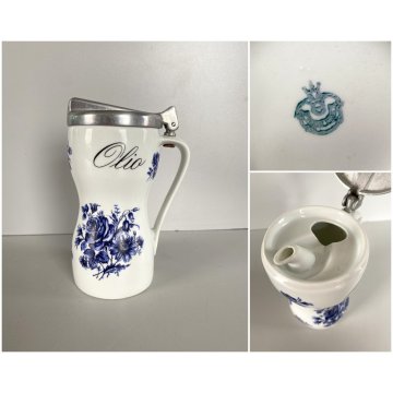 OLIERA VINTAGE BROCCA CERAMICA BIANCA DECORO FIORI BLU COPERCHIO ALLUMINIO '60