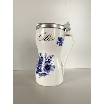 OLIERA VINTAGE BROCCA CERAMICA BIANCA DECORO FIORI BLU COPERCHIO ALLUMINIO '60