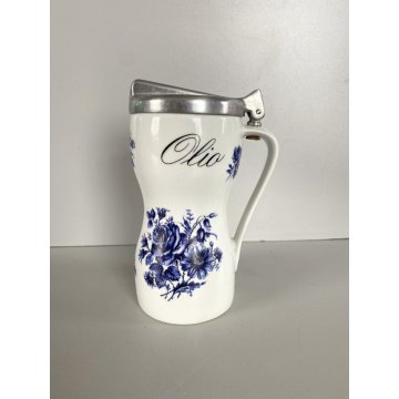 OLIERA VINTAGE BROCCA CERAMICA BIANCA DECORO FIORI BLU COPERCHIO ALLUMINIO '60