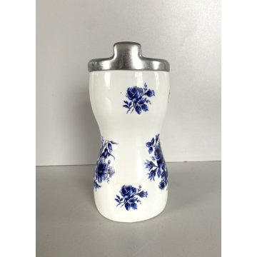 OLIERA VINTAGE BROCCA CERAMICA BIANCA DECORO FIORI BLU COPERCHIO ALLUMINIO '60