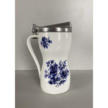 OLIERA VINTAGE BROCCA CERAMICA BIANCA DECORO FIORI BLU COPERCHIO ALLUMINIO '60