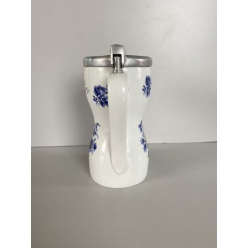 OLIERA VINTAGE BROCCA CERAMICA BIANCA DECORO FIORI BLU COPERCHIO ALLUMINIO '60