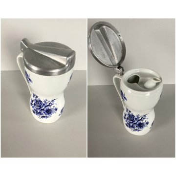 OLIERA VINTAGE BROCCA CERAMICA BIANCA DECORO FIORI BLU COPERCHIO ALLUMINIO '60