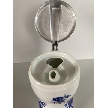 OLIERA VINTAGE BROCCA CERAMICA BIANCA DECORO FIORI BLU COPERCHIO ALLUMINIO '60