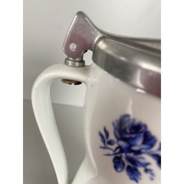 OLIERA VINTAGE BROCCA CERAMICA BIANCA DECORO FIORI BLU COPERCHIO ALLUMINIO '60