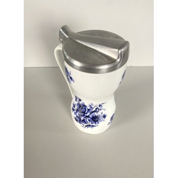 OLIERA VINTAGE BROCCA CERAMICA BIANCA DECORO FIORI BLU COPERCHIO ALLUMINIO '60