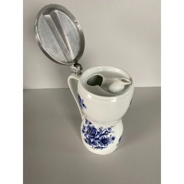 OLIERA VINTAGE BROCCA CERAMICA BIANCA DECORO FIORI BLU COPERCHIO ALLUMINIO '60