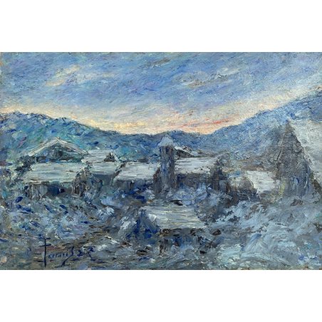 QUADRO DIPINTO OLIO TAVOLA Ferraris PAESAGGIO OSSOLANO INVERNO NEVE DIVISIONISTA