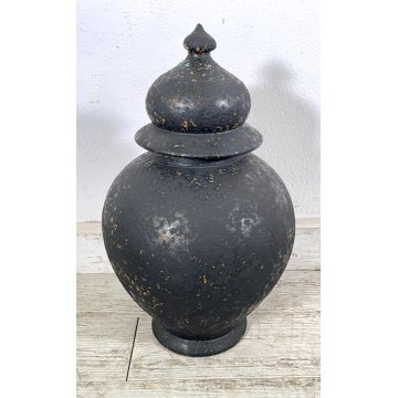 GRANDE VASO COPERCHIO ANFORA URNA TERRACOTTA NOVE ITALY SMALTO NERO EPOCA 1970