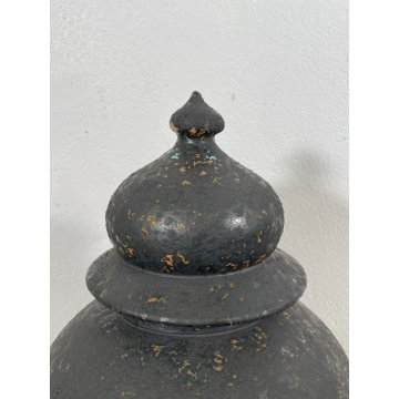 GRANDE VASO COPERCHIO ANFORA URNA TERRACOTTA NOVE ITALY SMALTO NERO EPOCA 1970