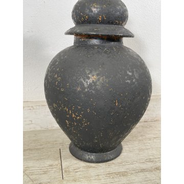 GRANDE VASO COPERCHIO ANFORA URNA TERRACOTTA NOVE ITALY SMALTO NERO EPOCA 1970