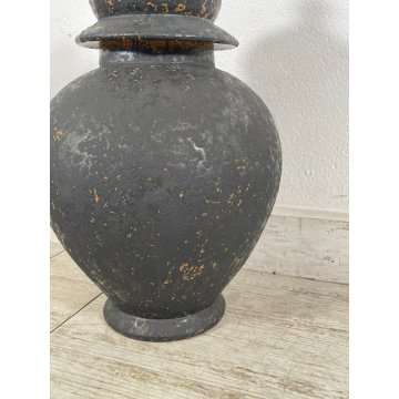 GRANDE VASO COPERCHIO ANFORA URNA TERRACOTTA NOVE ITALY SMALTO NERO EPOCA 1970