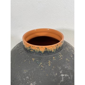 GRANDE VASO COPERCHIO ANFORA URNA TERRACOTTA NOVE ITALY SMALTO NERO EPOCA 1970