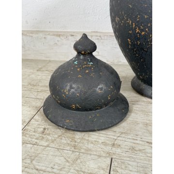 GRANDE VASO COPERCHIO ANFORA URNA TERRACOTTA NOVE ITALY SMALTO NERO EPOCA 1970