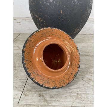 GRANDE VASO COPERCHIO ANFORA URNA TERRACOTTA NOVE ITALY SMALTO NERO EPOCA 1970