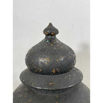 GRANDE VASO COPERCHIO ANFORA URNA TERRACOTTA NOVE ITALY SMALTO NERO EPOCA 1970