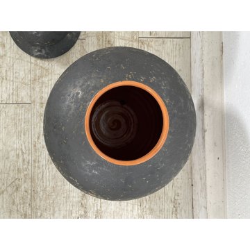 GRANDE VASO COPERCHIO ANFORA URNA TERRACOTTA NOVE ITALY SMALTO NERO EPOCA 1970