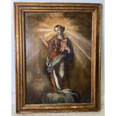ANTICO DIPINTO OLIO MADONNA ROSARIO GESU' GLOBO SALVATOR MUNDI RELIGIOSO '600
