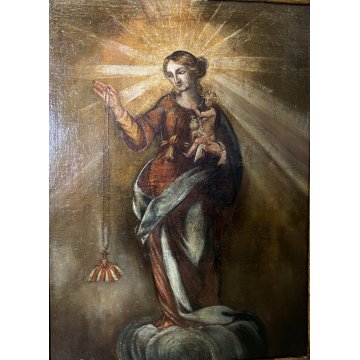 ANTICO DIPINTO OLIO MADONNA ROSARIO GESU' GLOBO SALVATOR MUNDI RELIGIOSO '600