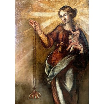 ANTICO DIPINTO OLIO MADONNA ROSARIO GESU' GLOBO SALVATOR MUNDI RELIGIOSO '600