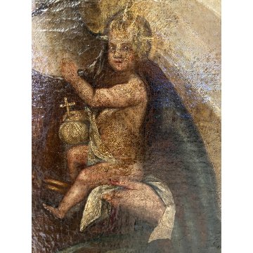 ANTICO DIPINTO OLIO MADONNA ROSARIO GESU' GLOBO SALVATOR MUNDI RELIGIOSO '600